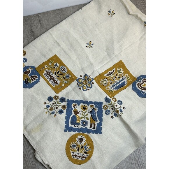 Vintage 47” Square Linen Tablecloth Blue Yellow Floral PA Dutch Style Stained - Picture 3 of 7